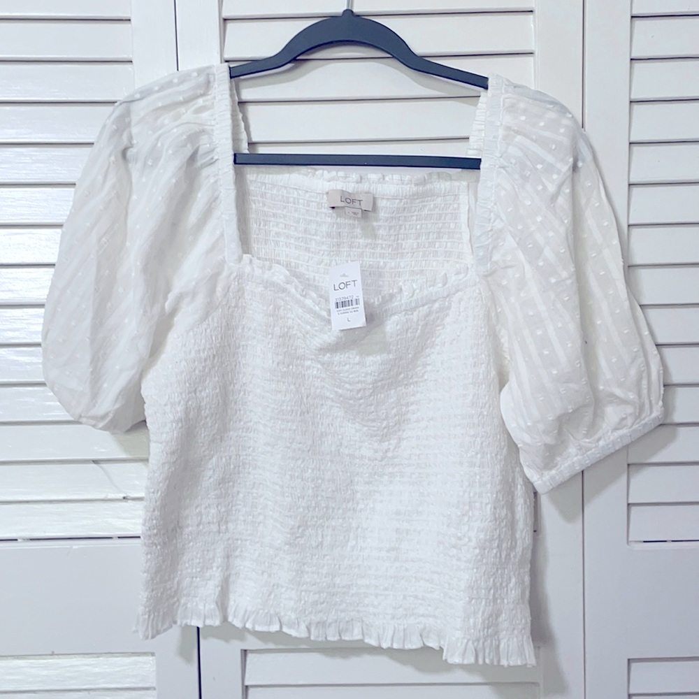 LOFT white bohemian top with elastic puffy sleeves